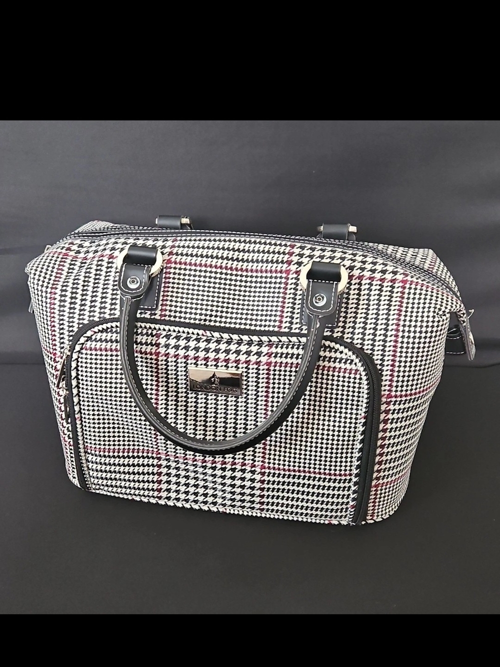 London Fog Houndstooth Satchel Top Handle Bag Black White Red Zip Lined Pockets